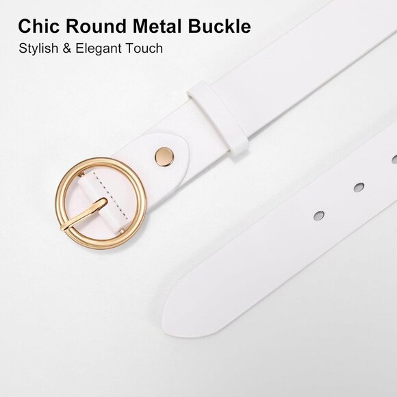 Women Leather Belt with Circle Gold Buckle Fashion Ladies Waist Belt White